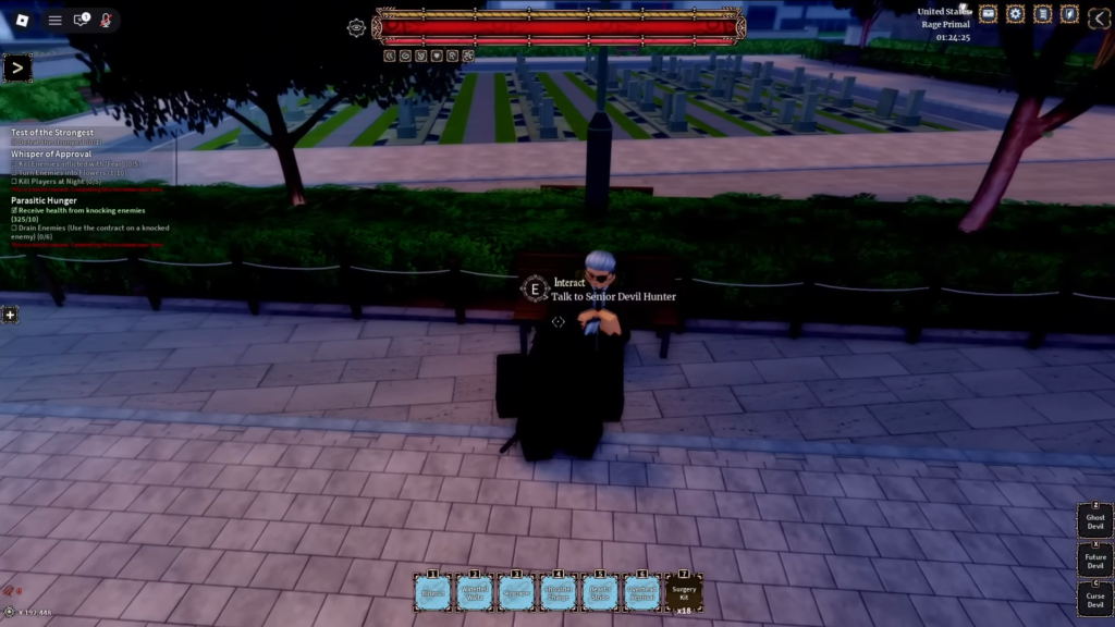 Press E to interact with the Senior Devil Hunter